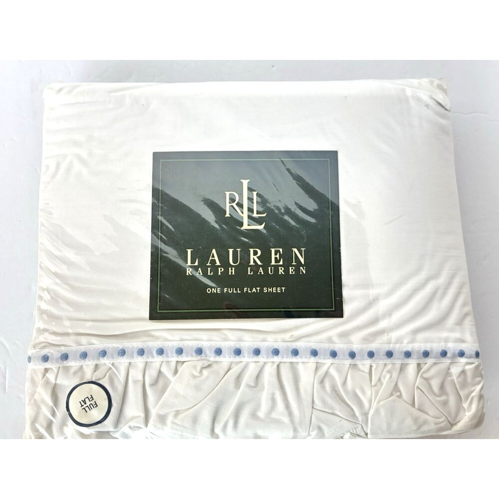 Ralph Lauren Full Flat Sheet Elizabeth Embroidered Blue Dot Ruffle Cotton NEW